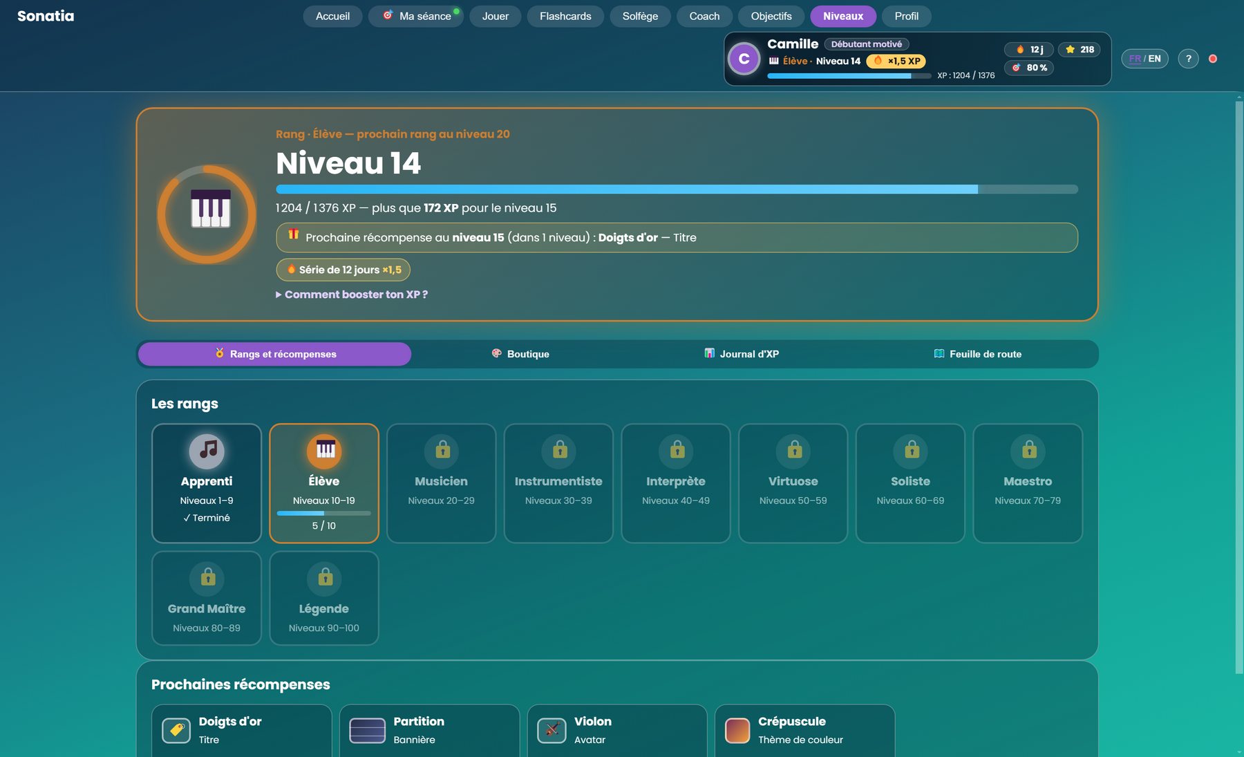 L'écran des niveaux avec le rang et les prochaines récompenses
